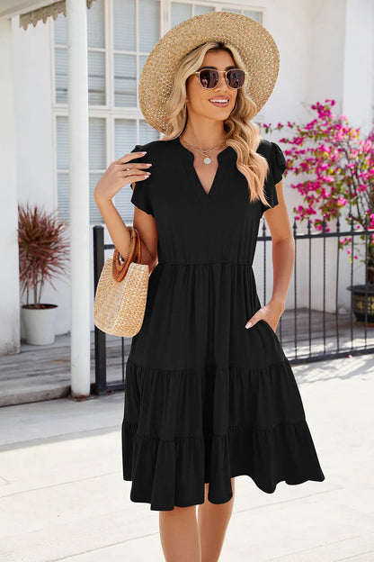 New solid color V-neck loose short sleeved waist patchwork dress
