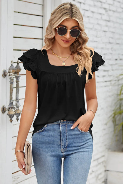 Solid color lace patchwork square collar petal short sleeved T-shirt top for women