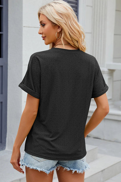 New solid color V-neck button loose short sleeved T-shirt top for women